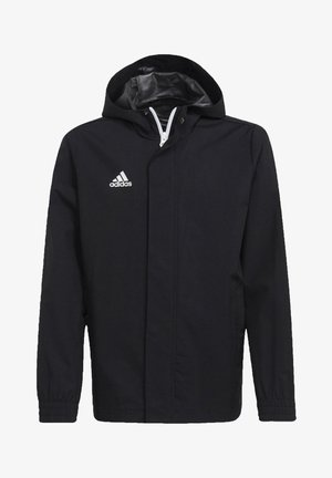 Zwarte waterdichte jas met capuchon, voorzien van een wit Adidas-logo op de borst, elastische mouwen en een ritssluiting aan de voorkant.