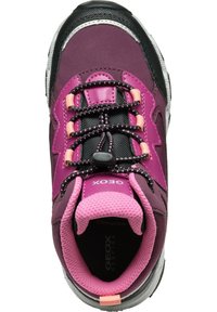 GEOX tennis, millel lilla ja roosa ülemine osa, mustad paelad, pehmendatud keel, võrgusilma sisu ja tekstureeritud pealne, et tagada haardumine.