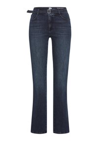 Donkerblauwe jeans van denim, met een rechte pijp en een tailleband met riemlus, en subtiele vervaging. Geen zichtbare patronen of accenten.