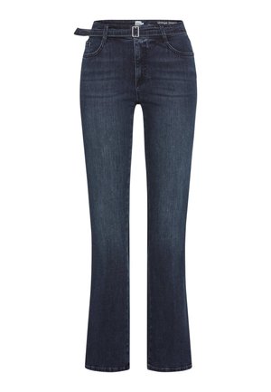 Jeans blu scuro in denim, con taglio dritto, vita con passanti per cintura e leggera scoloritura. Nessun motivo o accentuazione visibile.