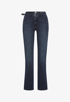 Jeans blu scuro in denim, con taglio dritto, vita con passanti per cintura e leggera scoloritura. Nessun motivo o accentuazione visibile.