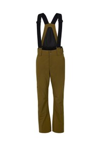 Braune wasserdichte Skihosen mit verstellbaren schwarzen Trägern, Knopfverschluss und geradem Bein-Design. Ausgestattet mit strapazierfähigem Stoff und minimalen Akzenten.