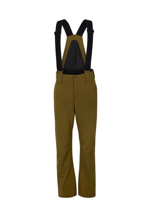 Braune wasserdichte Skihosen mit verstellbaren schwarzen Trägern, Knopfverschluss und geradem Bein-Design. Ausgestattet mit strapazierfähigem Stoff und minimalen Akzenten.