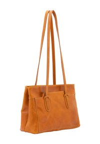 Borsa tote in pelle marrone con due manici lunghi, forma rettangolare e dettagli cuciti. Texture liscia con un design minimalista.