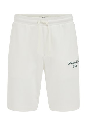 Witte casual short met elastische tailleband en trekkoord, met "Leisure County Club" geborduurd op de rechterdij.