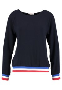 Navyblauer Sweatshirt mit langen Ärmeln und geripptem Saum. Verfügt über rot-weiße und blaue Streifenakzente an den Bündchen und am Taillenbund.