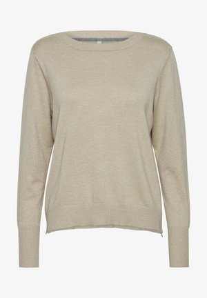 Suéter de punto beige con cuello redondo, mangas largas, puños y dobladillo acanalados. Presenta aberturas laterales y una textura suave.