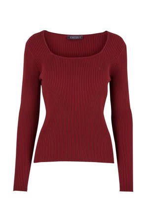 Burgunderfarbener, gerippter Langarmoberteil mit weitem quadratischen Ausschnitt und taillierter Silhouette, aus weichem Material gefertigt. Dezente Textur auf der gesamten Oberfläche.