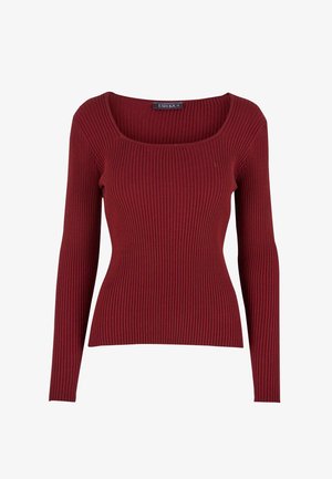 Burgunderfarbener, gerippter Langarmoberteil mit weitem quadratischen Ausschnitt und taillierter Silhouette, aus weichem Material gefertigt. Dezente Textur auf der gesamten Oberfläche.