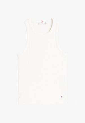 Valge ribadega tank top, millel on ümardatud kaelus ja viimistletud ääred. Väike logopatch punases, valges ja sinises toonis vasakus alumises nurgas.