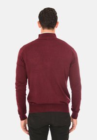 Maglione pullover bordeaux con colletto e polsini a coste, caratterizzato da un design aderente e una morbida texture a maglia. Retro semplice senza decorazioni.