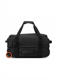 Borsa da viaggio a sacca nera con manico imbottito, cinghie regolabili, manico laterale e ruote con dettagli arancioni.