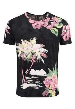 T-shirt noir à manches courtes avec un imprimé floral tropical en rose, vert et blanc, mettant en avant des palmiers et des fleurs sur un fond sombre.