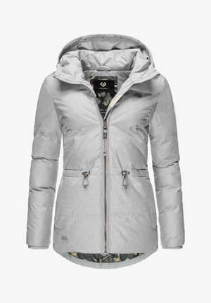 Light grey puffer jacket with a hood, side drawstrings, and zip closure. Features patterned lining and soft texture.