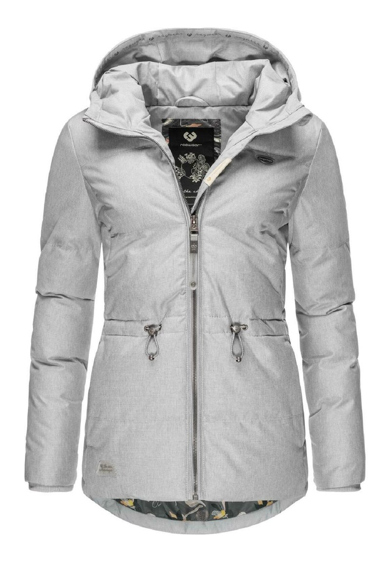 Giacca a vento grigia chiara con cappuccio, cordini laterali e chiusura con zip. Presenta una fodera a fantasia e una texture morbida.