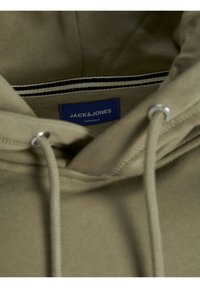 Olijfgroene hoodie met een trekkoord, voorzien van een blauw merklabel en een contrasterende gestreepte binnenhals. Zachte stoftextuur.