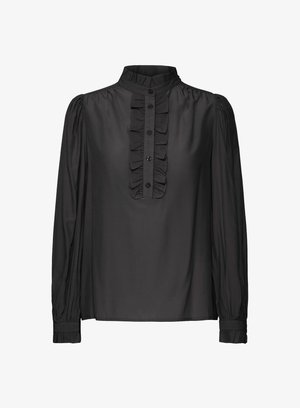 Blouse noire à manches longues, col haut et détail froncé à l'avant. Présente une fermeture à boutons et des poignets froncés, fabriquée en tissu léger.