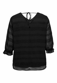 Blusa nera con scollo a V, maniche corte a sbuffo e chiusura sul retro con lacci. Caratterizzata da motivi a pois in rilievo e un tessuto trasparente.