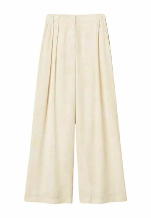 Pantaloni beige a gamba larga con pieghe, vita alta, tasche laterali e dettaglio della cucitura centrale.