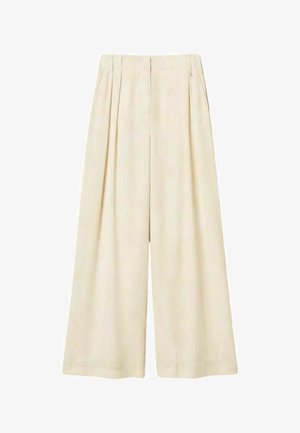 Pantaloni beige a gamba larga con pieghe, vita alta, tasche laterali e dettaglio della cucitura centrale.