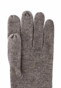 Gray knitted gloves featuring five finger slots, a textured yarn pattern, and a snug fit, suitable for cold weather use.