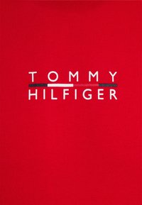 Tela roja con el texto "Tommy Hilfiger" en blanco, presentando una barra de logo horizontal en negro, blanco y rojo encima del texto.