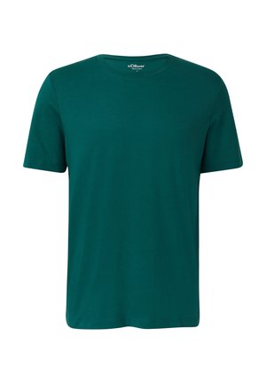 Camiseta de algodón de manga corta y color verde oscuro, con cuello redondo y pequeño logo de s.Oliver en el lado izquierdo del pecho.