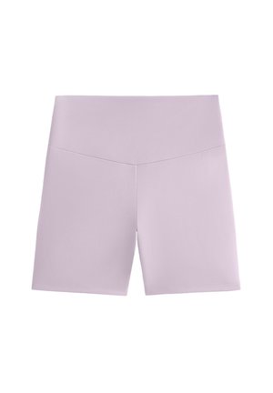 Lila ankellånga shorts tillverkade av elastiskt material. Funktioner inkluderar en hög midjeband och en slät yta, utan synliga mönster eller dekorationer.