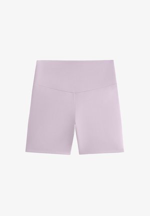 Lilac ankle-length shorts made from stretchy fabric. Features a high waistband and smooth texture, with no visible patterns or embellishments.