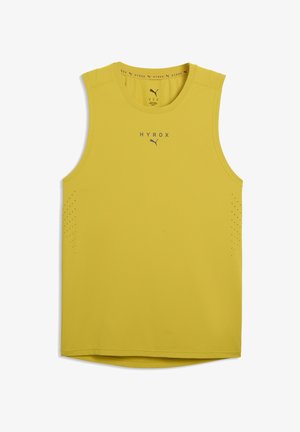 Sleeveless bright yellow athletic tank top with "HYROX" and Puma logos centered on chest and ventilation holes on sides.