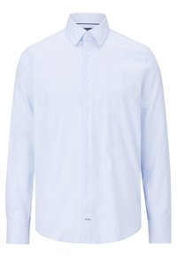 Camicia azzurro chiaro a maniche lunghe con bottoni, realizzata in un tessuto liscio, dotata di colletto classico e sei bottoni sul davanti, con orlo arrotondato.