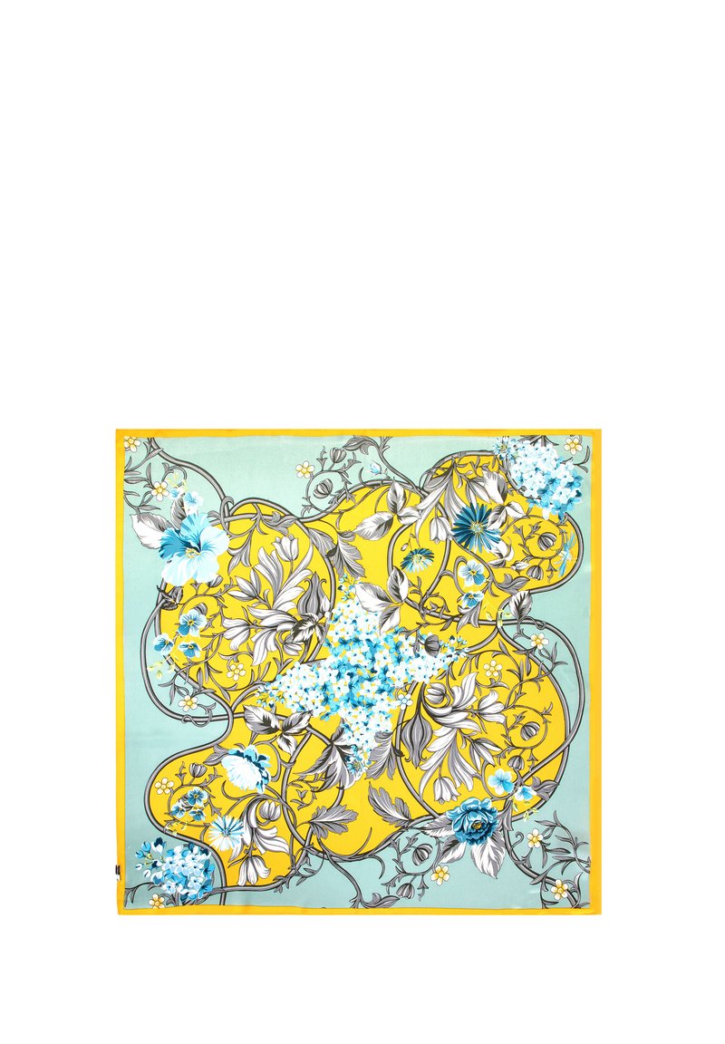 Zijde vierkante sjaal met een bloemenpatroon in blauw en grijs op een levendige gele achtergrond, afgezet met een effen gele rand.