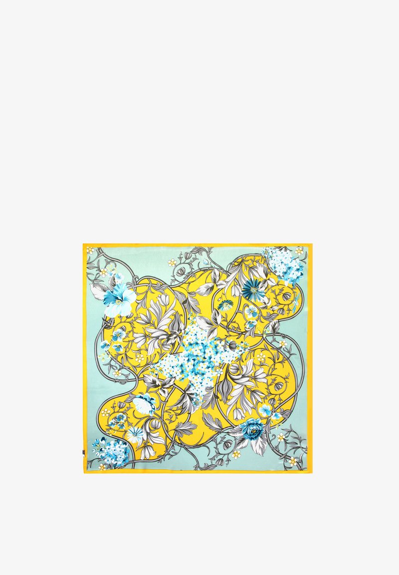 Foulard quadrato in seta con un motivo floreale blu e grigio su uno sfondo giallo vivace, bordato in giallo uniforme.