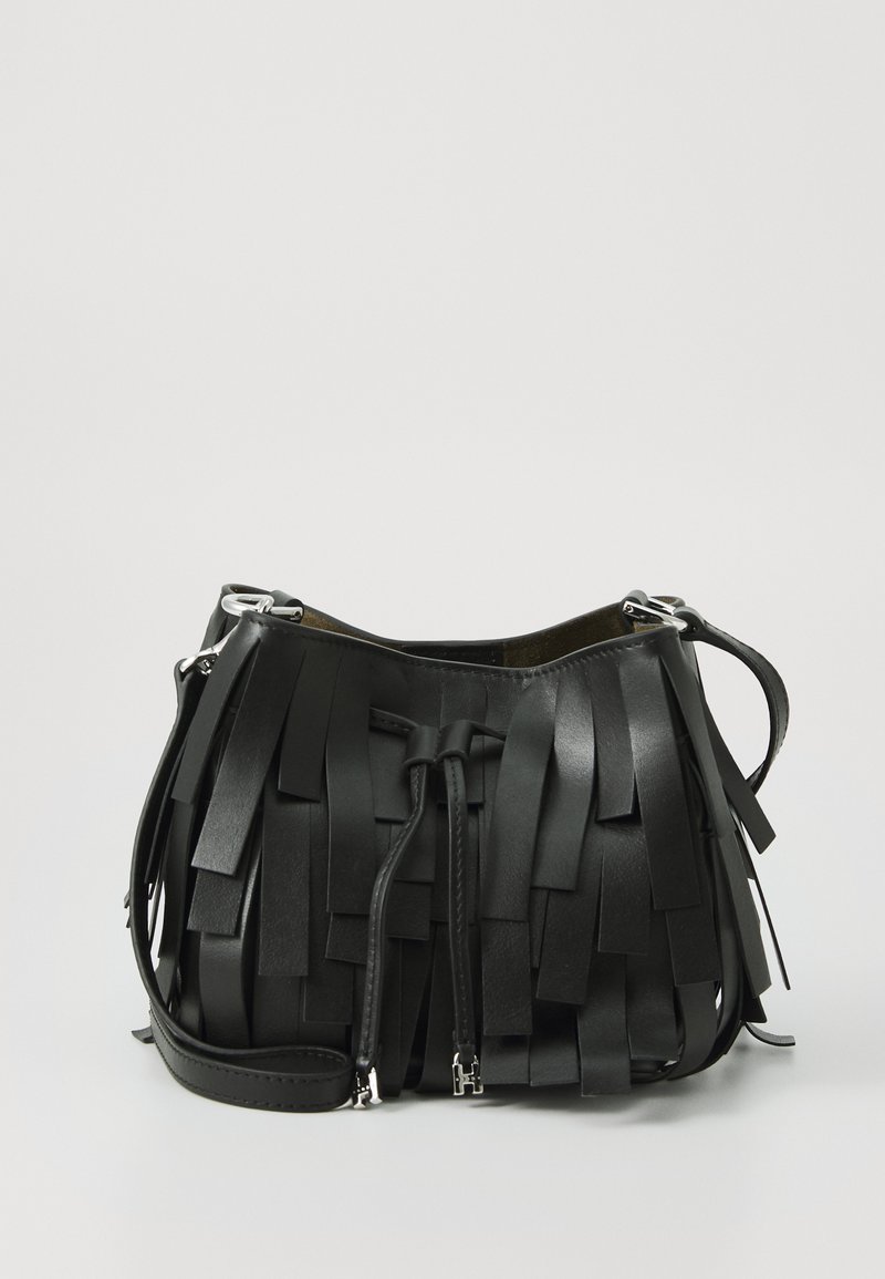 Black leather handbag featuring fringe details, a drawstring closure, adjustable shoulder strap, and smooth texture.