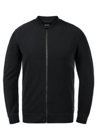 Schwarze Zip-up-Trainingsjacke mit strukturiertem Finish, gerippten Bündchen und Saum sowie Stehkragen. Besitzt einen glatten Reißverschluss.