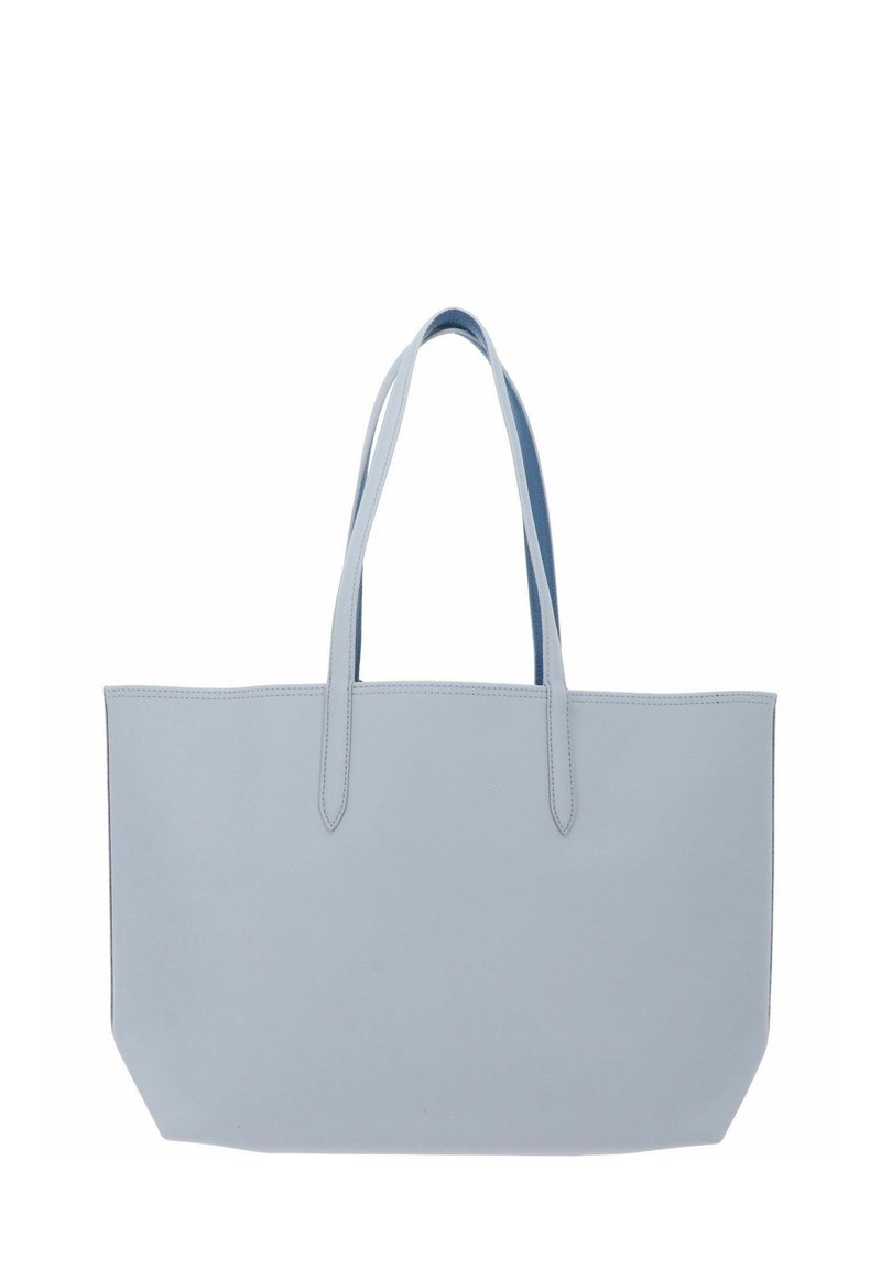 Hellblauer rechteckiger Einkaufstasche mit zwei langen Schulterriemen und einfacher, glatter Textur vor weißem Hintergrund.