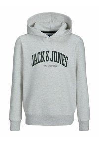 Felpa grigia chiara realizzata in tessuto morbido, con tasca a marsupio, polsini a costine e cappuccio regolabile con cordino. Presenta testo nero: "JACK & JONES."