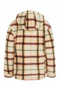Fleecejacke mit Kapuze, mit cremefarbener Basis und mehrfarbigem Karomuster in Schwarz, Orange und Pink. Weiche Textur und lockere Passform.