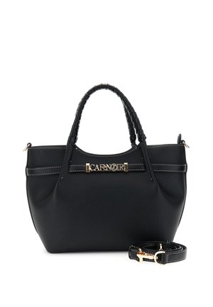 Sac à main texturé noir avec poignées tressées, plaque logo "CAFENOIR" dorée, et bandoulière amovible avec ferrures dorées, sur fond blanc.