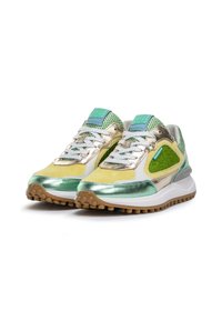 Sport sneakers featuring a mix of shiny gold, green, yellow, and white materials. Textured accents and rubber sole with small nubs are visible.