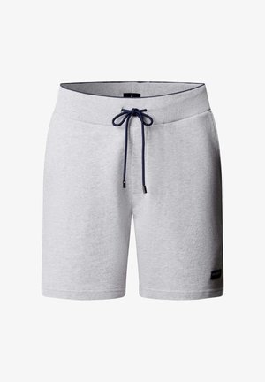 Shorts décontractés pour hommes de couleur gris clair avec cordon de serrage bleu marine et petite étiquette logo noire sur la jambe gauche.