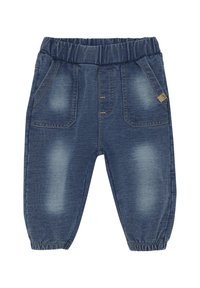Jeans med elastisk midja, ljusblå tvätt, framfickor och samlade muddar. Har subtila blekningar och gula sömdetaljer.