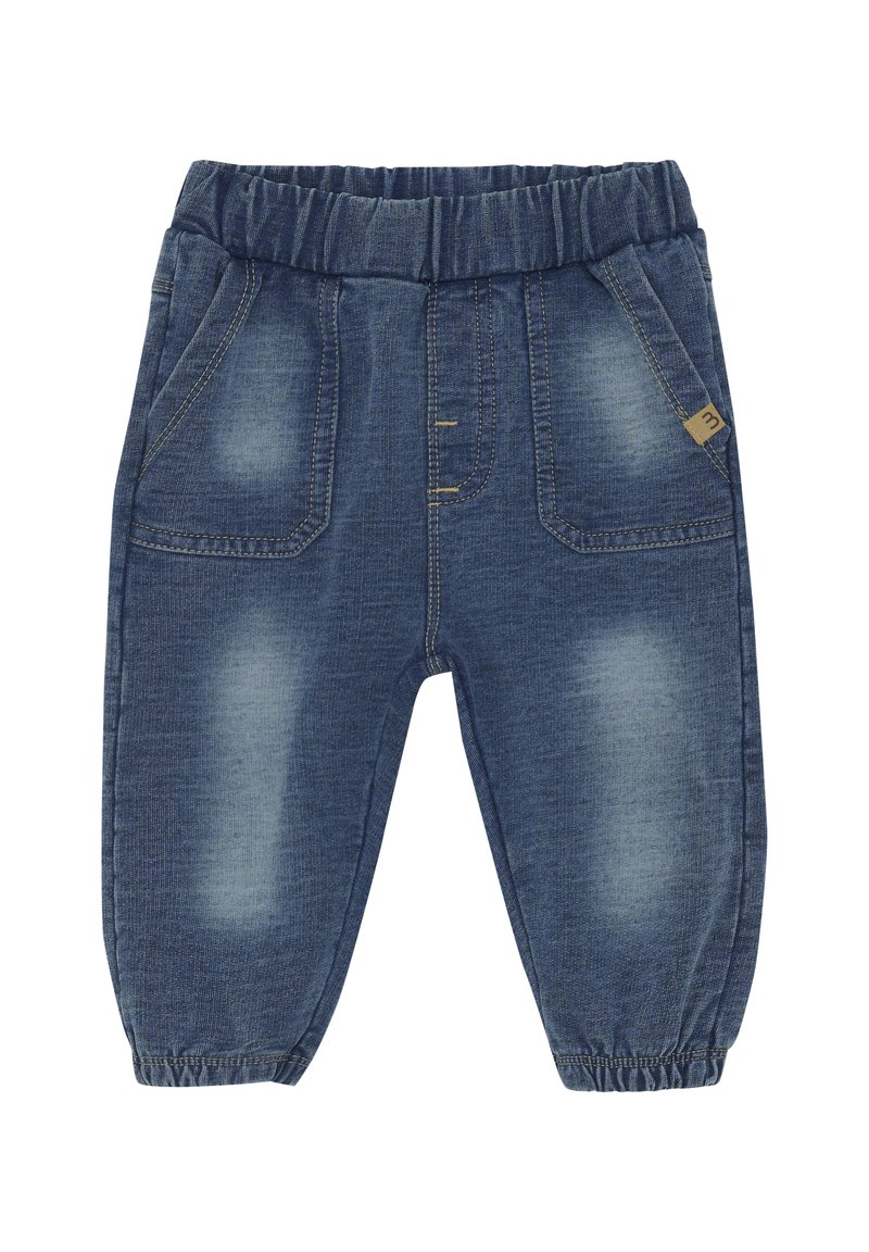 Jeans med elastisk midja, ljusblå tvätt, framfickor och samlade muddar. Har subtila blekningar och gula sömdetaljer.
