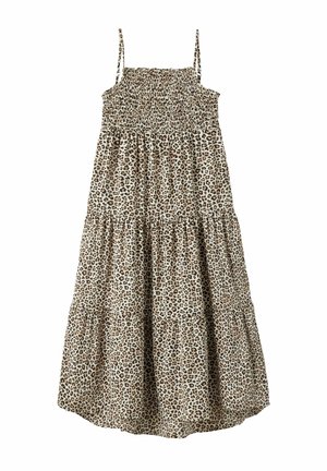 Ujjatlan hosszú ruha ráncolt mellrésszel és vékony pántokkal, bézs és barna leopárdmintával.