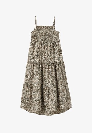 Rochie lungă fără mâneci, cu corset strâns și bretele subțiri, având un model de leopard în nuanțe de bej și maro.