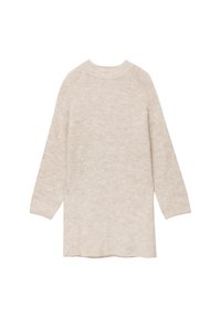 Beżowy sweter z dzianiny z długimi rękawami raglanowymi, okrągłym dekoltem i teksturowanym wykończeniem. Charakteryzuje się lekko zaokrąglonym dołem i luźnym krojem.