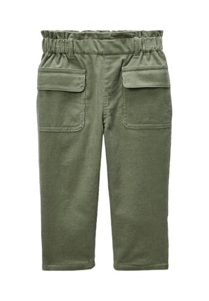 Pantalons en velours côtelé vert avec une taille froncée, deux poches avant et une coupe droite. Texture douce et longueur mi-mollet.