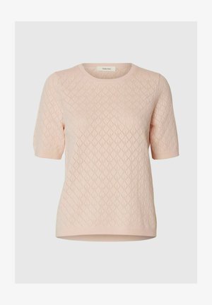Light pink knitted sweater with a diamond pattern, short sleeves, and a round neckline. Soft texture and ribbed hem detail.