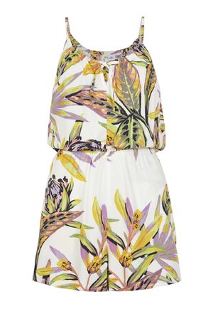 Robe blanche sans manches avec des bretelles fines, présentant un imprimé coloré de feuilles et fleurs tropicales en jaune, vert, violet et noir.