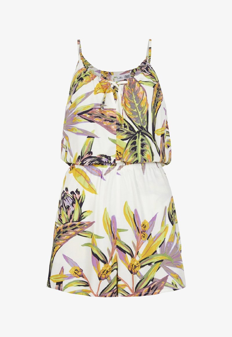 Robe blanche sans manches avec des bretelles fines, présentant un imprimé coloré de feuilles et fleurs tropicales en jaune, vert, violet et noir.